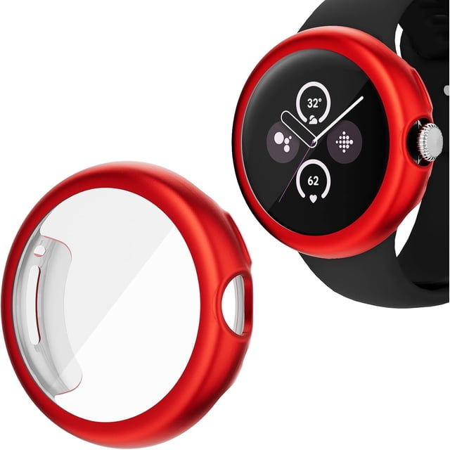 KOMI Compatible with Google Pixel Watch 2/Pixel Watch Screen Protector Case Frosted Matte Soft TPU Cover Full Protective Case Built-in HD Screen Film Accessories(Red,Pixel Watch1/2)