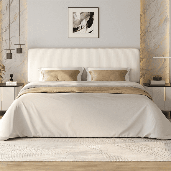 FullFurnique Upholstered Platform Bed Frame with Wooden Slat Support, King, Beige
