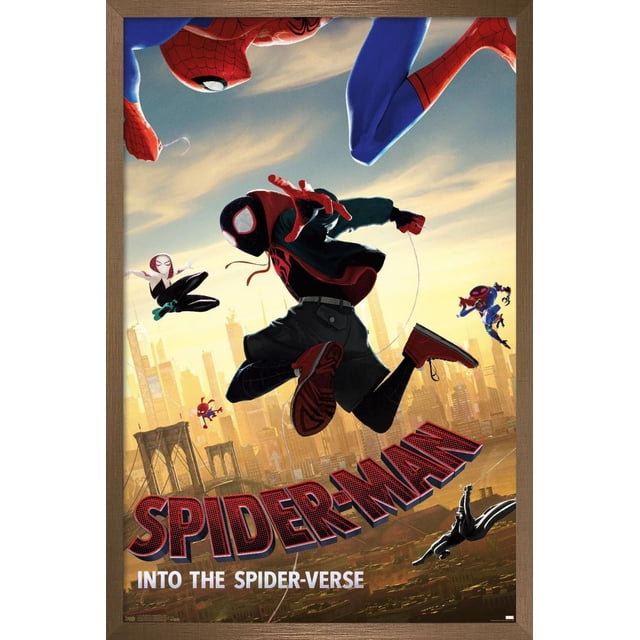 Marvel MCU - Spider-Man - Into The Spider-Verse - Affiche Murale de Plongée, 22,375 Pouces x 34 Pouces Encadrée, Représentant Plusieurs Personnages de Spider-Man Se Balançant Dynamiquement au-Dessus d'Une skyline de Ville avec un Pont au Coucher du Soleil, avec Texte Audacieux de Spider-Man Rouge et Noir et sous-Titre Blanc, Idéale pour la Déco de la Maison Ou l'Exposition de Pièce à Thème.