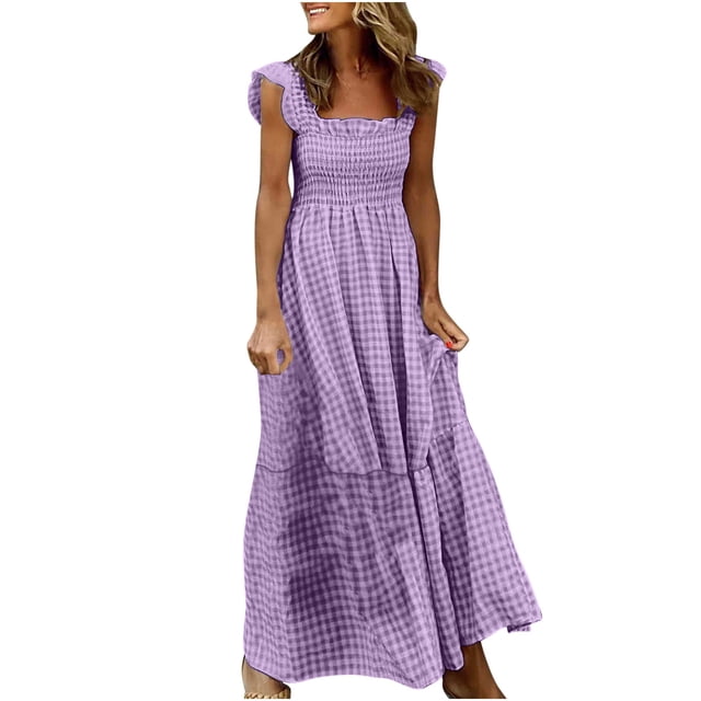 Robe Maxi à Volants Smockée Sans Manches Col Carré Boho Longue Robe d'Été Plage Vacances