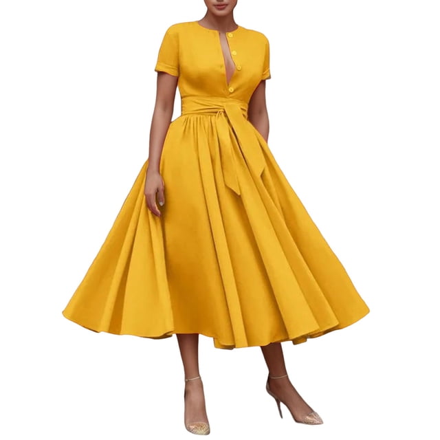 adviicd Robes pour Femmes Robe Décontractée d'Affaires 2024 Été Travail Bureau Col en V Fendue Ceinturée Sans Manches Robes Jaune,m