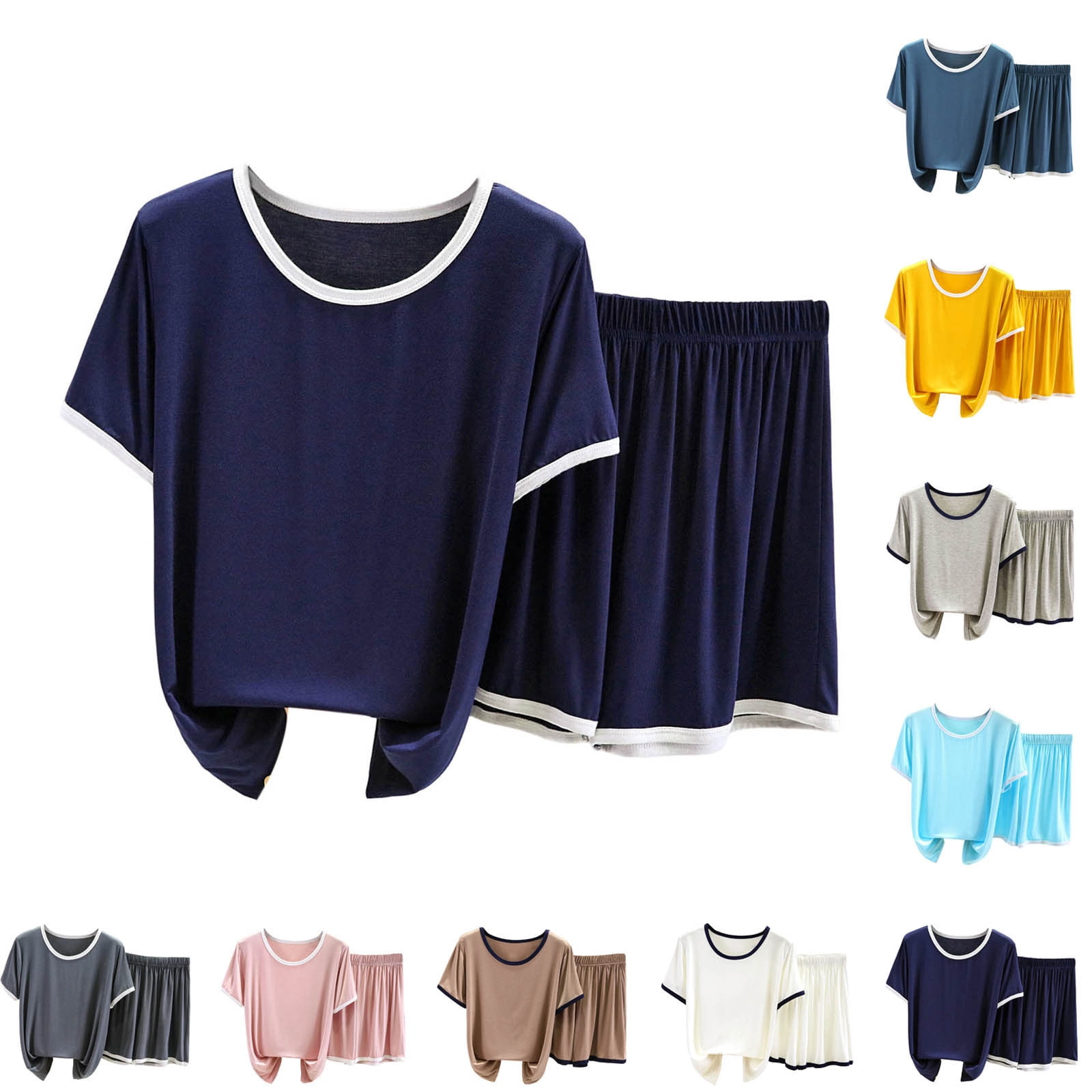 Jovati Ensemble de Pyjama pour Femmes, Haut à Manches Courtes en Modal avec Shorts à Taille Élastique, Coupe Décontractée, Col Ras du Cou, Jambe Grand, Ventilé, pour l'Été et le Printemps
