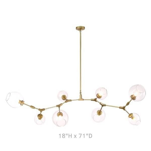 Lustre à Bulles avec 8 Lumières Comprenant Huit Abat-Jour en Verre Clair à Bulles sur un Cadre en Laiton Brossé et Aluminium à Branches, Suspendu par une Tige Centrale à Partir d'Un Plafonnier, Mesurant 18 Pouces de Haut par 71 Pouces de Profondeur, Conçu dans un style Moderne Mi-Siècle pour un Éclairage de Plafond Contemporain.