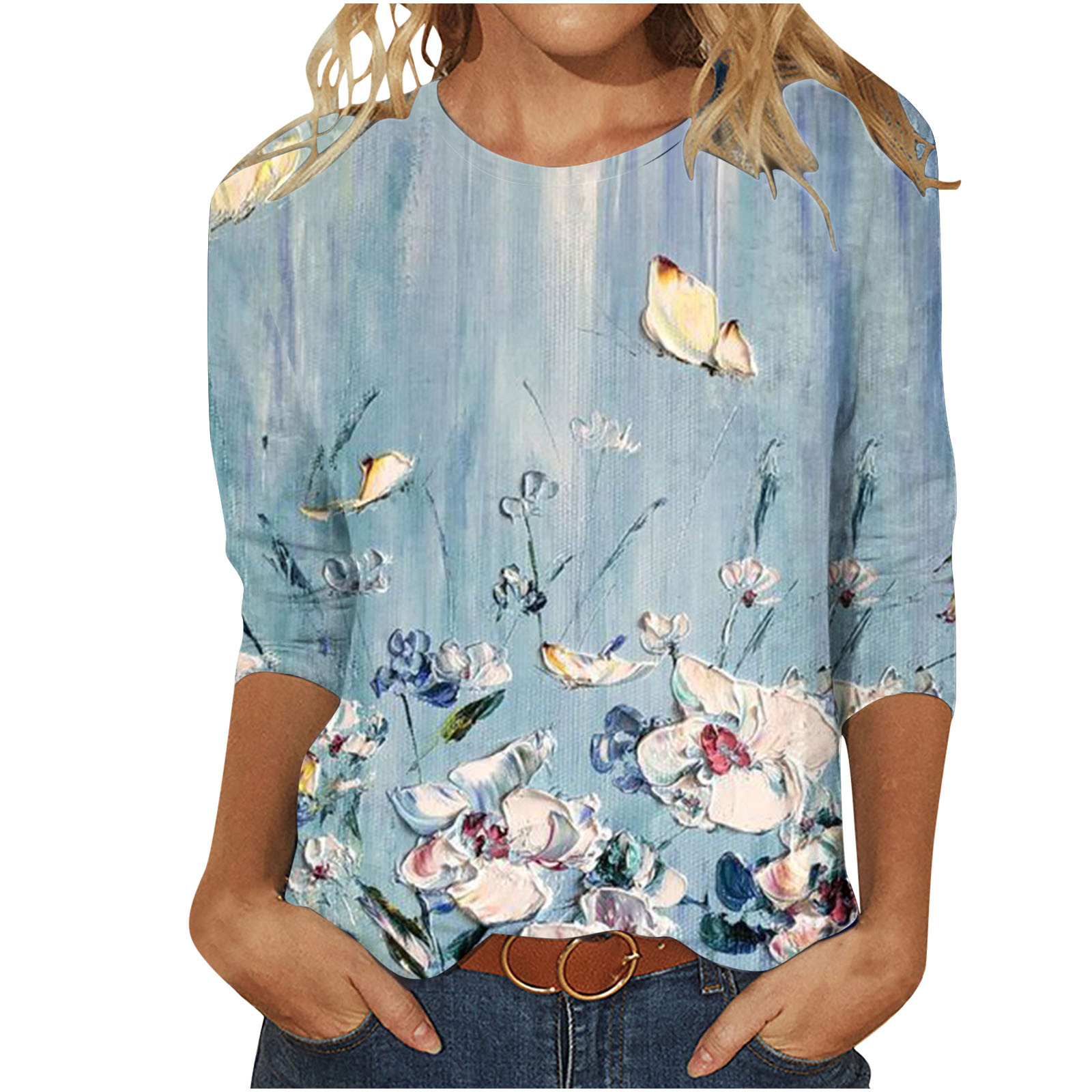 Pisexur Hauts pour Femmes Grande Taille Mode Chemises 3/4 Automne Décontractées Blouses à Col Rond Mignonnes à Imprimé Floral Tuniques Amples