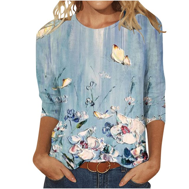 Pompotops T-shirt Imprimé Loose Mode Femme Mi-Longueur Manches 3/4 Chemisier Col Rond Manches Décontractées
