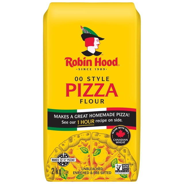 Robin Hood 00 Style Pizza Flour 2kg bag in yellow packaging with Robin Hood logo and red text. Made with 100% Canadian wheat, non-GMO verified, unbleached, enriched, and pre-sifted. Suitable for pizza crust, artisan breads, ciabatta, focaccia, and bread sticks, making 12 12-inch pizzas in 1 hour.