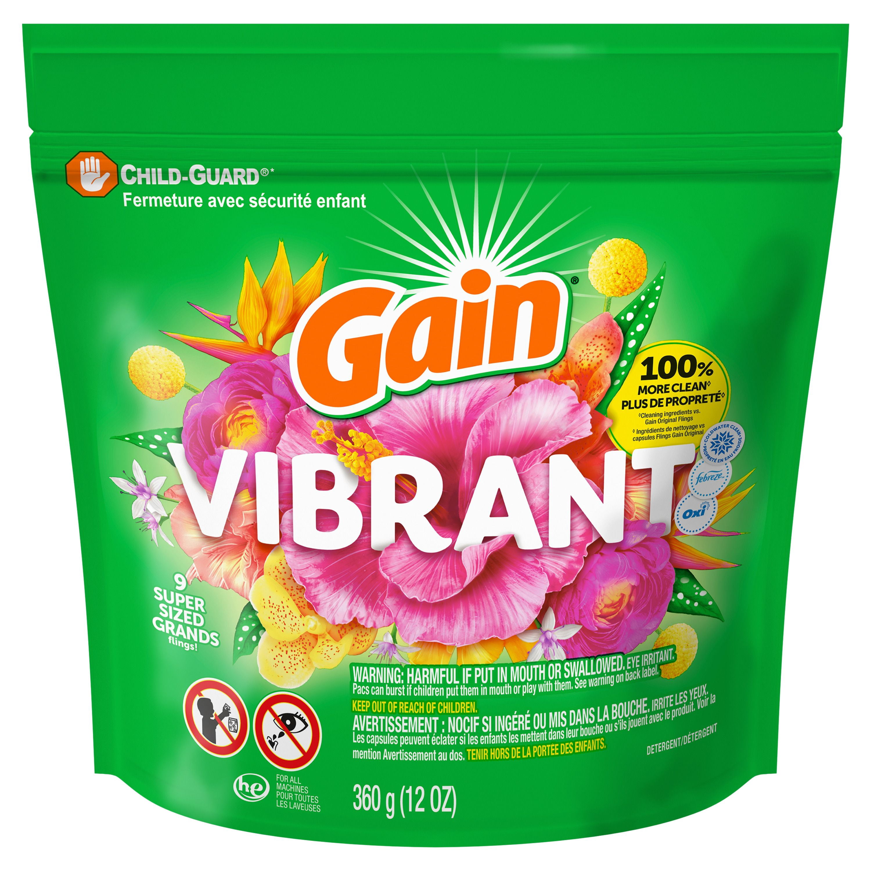 Capsules de détergent à lessive Gain Super Flings, 9 unités, Vibrant, irrésistiblement propre et frais