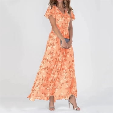 Robe Décontractée Tendance pour Femme Style Évasé Chiffon Floral à Volants Manches Courtes Col en V Taille Fluide Robes à la Mode pour le Quotidien