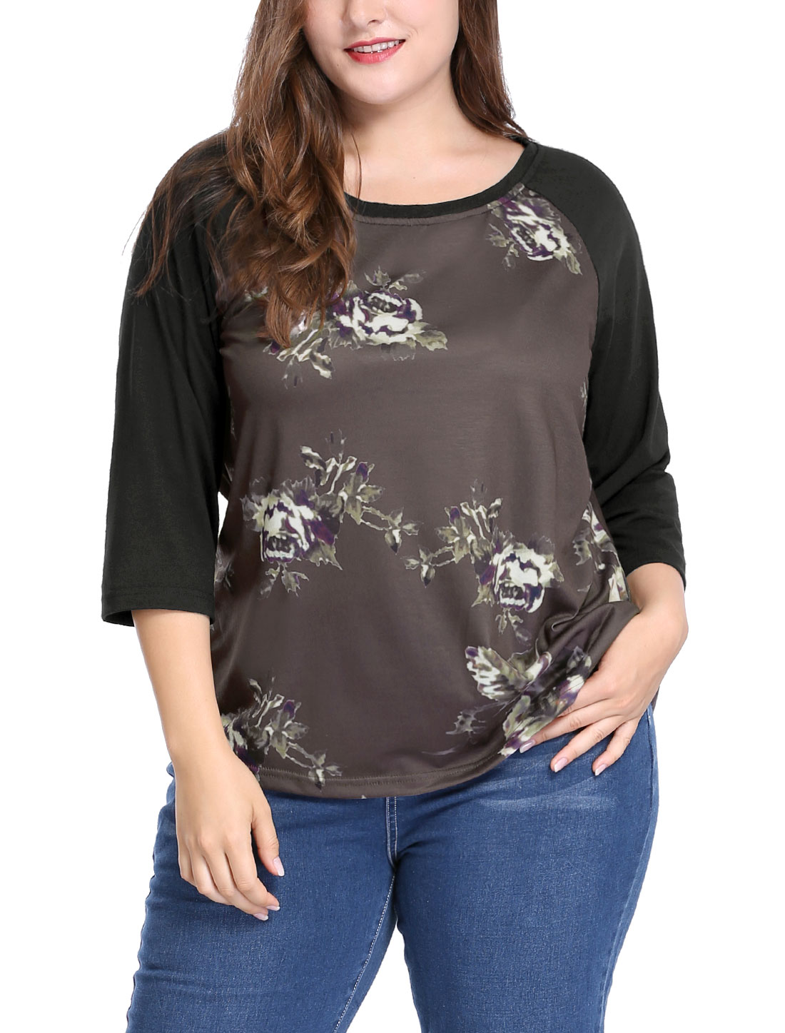 GRACE & GRANDEUR Women's Plus 3/4 Sleeve Floral Workout Winter Tops