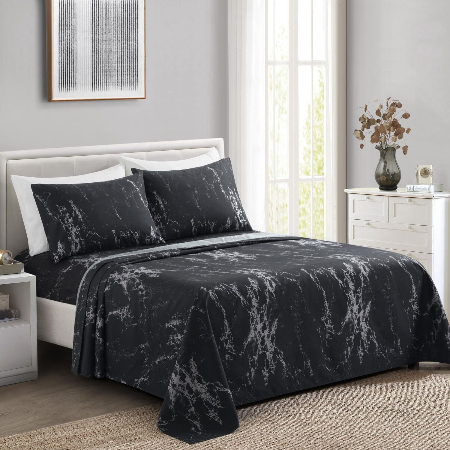 Literie Marina Décoration ultra douce et soyeuse, imprimée, en rayonne de bambou, toutes saisons, avec taies d'oreiller, motif marbre noir moderne
