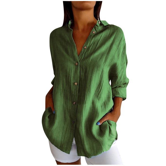 Timegard Plus Size Tops for Women Button down Shirts Long Sleeve Lapel V Neck Blouse in a lightweight green fabric. This plus size women's blouse features a relaxed fit with clean lines, button-down closure, and long sleeves, suitable for layering or pairing with jeans, leggings, or slacks. Ideal for spring, summer, and fall wear.