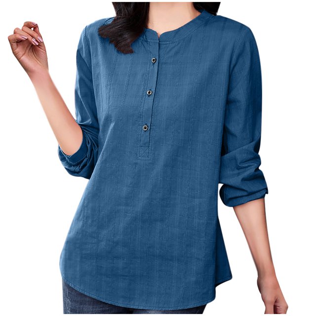 Timegard Blouse pour Femmes Grande Taille à Manches Longues, Boutonnée, Col Rond, Ample, Légère, Décontractée, Chemises Hauts de Bureau