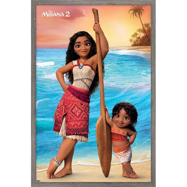 Disney Moana 2 - Affiche Murale Moana et Simea, 22,375 Pouces x 34 Pouces Encadrée, Représentant Moana Pieds Nus sur une Plage Sablonneuse Tenant une Grande Pagaie en Bois, Portant un Haut Crème avec Bordure Rouge et une Jupe à Motif Rouge, avec la Jeune Simea en Tenue Tribale orange et Blanche, sur Fond d'Océan et de Coucher de Soleil Vibrants, Convenant à une Déco Maison à Thème Tropical.