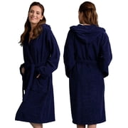 Canadian Linen Terry Cloth Bathrobes For Women Soft Absorbent 100% Cotton Hooded Shower Bath Soft Plush for Hotel Spa Massage Robes, Medium, Navy Blue