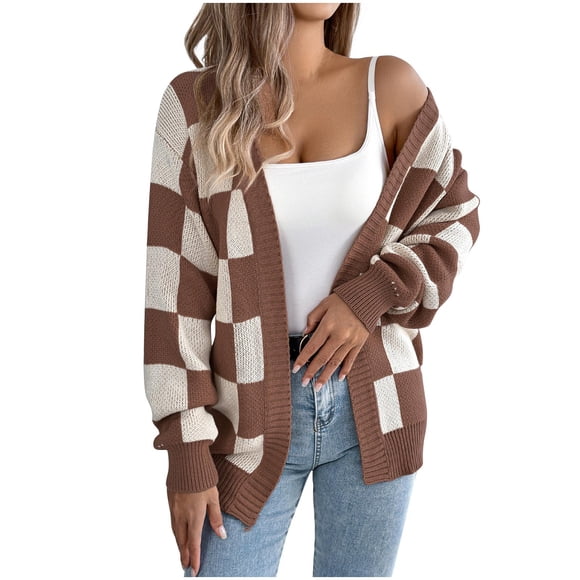 Coffee Tops for Women Fall Winter Crew Neck Sweater Color Block Plaid Cardigan Top T Shirt Blouse Women 2025 Clothes Country Concert XL