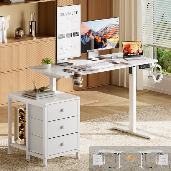 GUNAITO 47.2" Electric Standing Desk with 3-Drawer Cabinet, Adjustable Height Desk with Memory Panel, Office & Gaming Desk,White