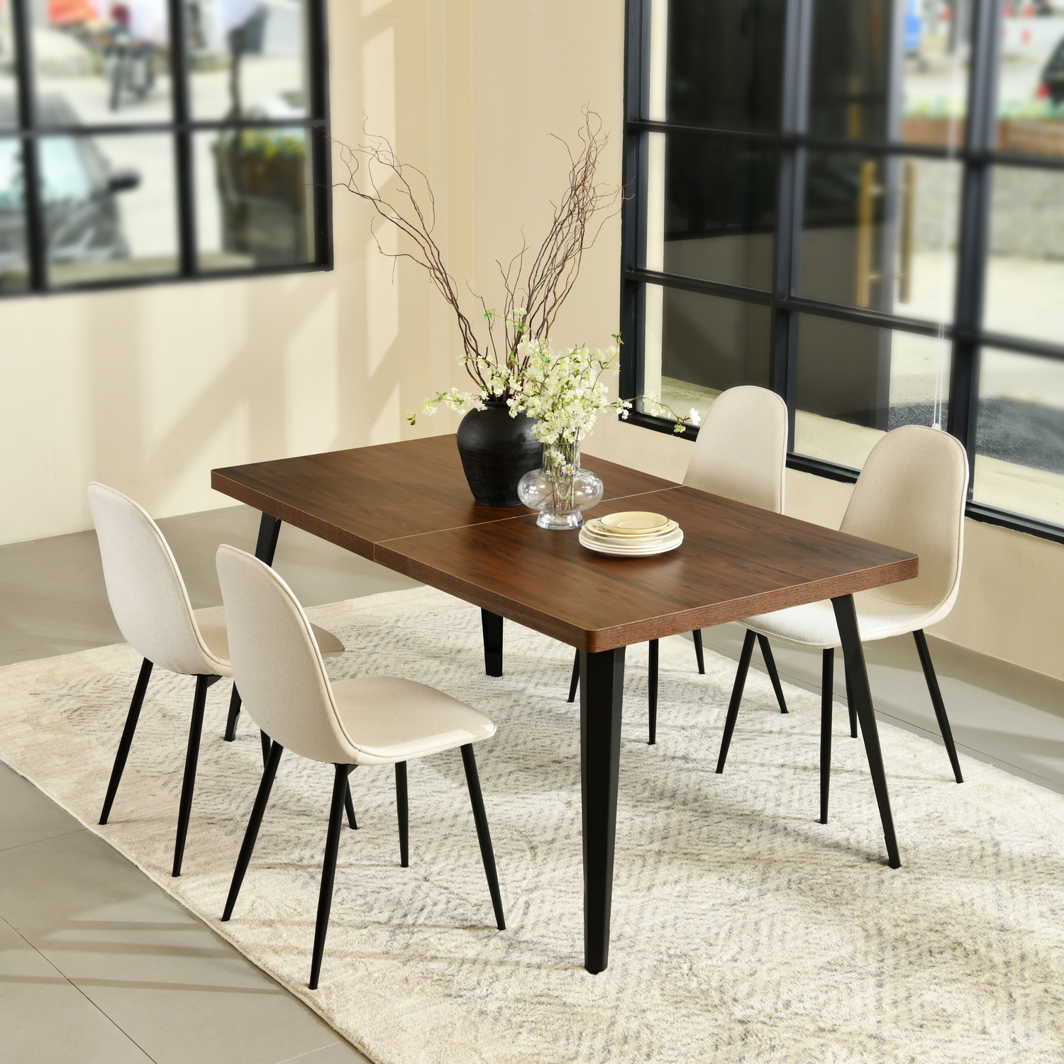 Homy Casa 63 inch Dining Set for 4, Large Table with Upholstered Chairs