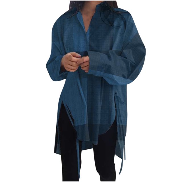 Birdeem Chemise Ajustée Ample pour Femme, Courte, devant, Dos Long, à Lacets, Manches Longues, Col en V, Haut/chemise