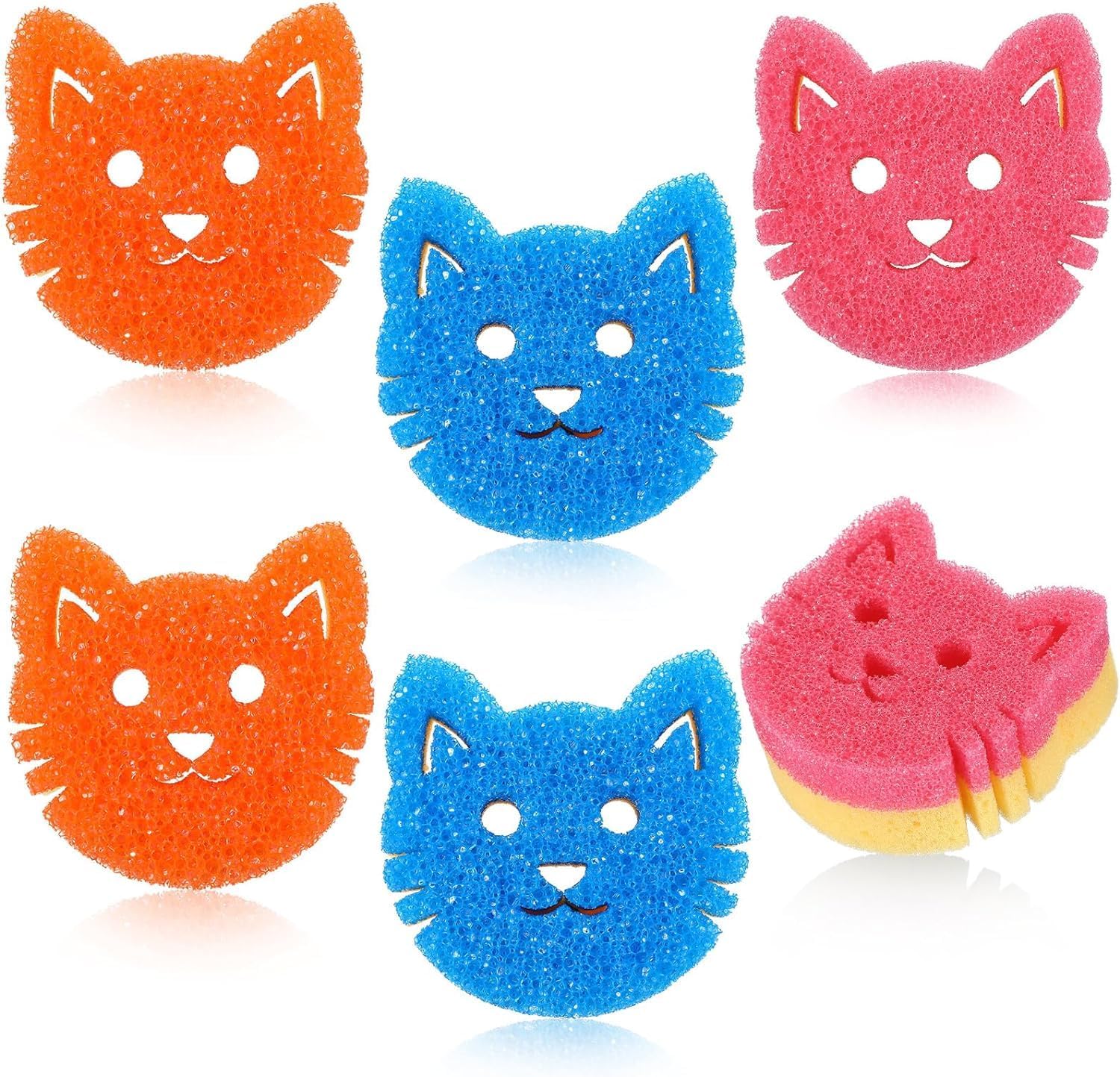 Kitchen Sponges, 6 Pcs Cat Dual Sided Scrub Sponge Cleaning Sponges Cute Temperature Sensitive Dish Sponges for Washing Dishes Non Scratch Household Multi Use Sponges Scrubber for Kitchen, 3 Colors