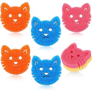 Kitchen Sponges, 6 Pcs Cat Dual Sided Scrub Sponge Cleaning Sponges Cute Temperature Sensitive Dish Sponges for Washing Dishes Non Scratch Household Multi Use Sponges Scrubber for Kitchen, 3 Colors