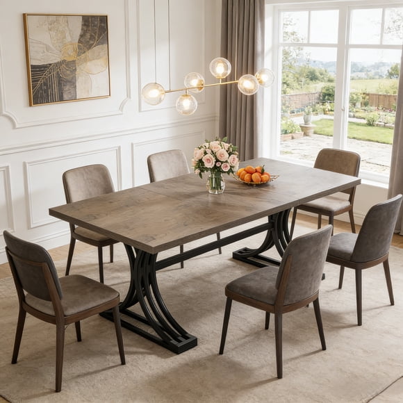 Fnova Table à Manger Moderne de 63 Pouces, Table de Cuisine Rectangulaire avec Dessus en Bois, Élégants Pieds en Tréteau en Métal, 4 à 6 Places pour Salle à Manger et Cuisine, Salon