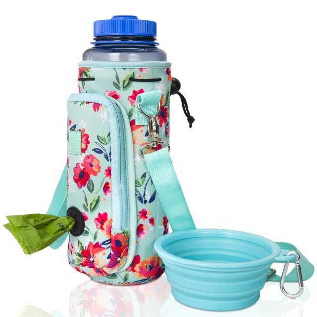 Made Easy Kit Water Bottle Carrier with Pocket for Dog Poop Waste Bags and Adjustable Padded Shoulder Strap