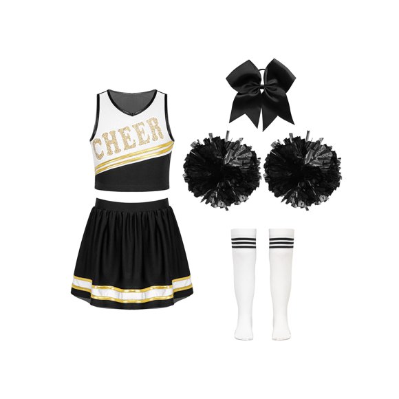 Manyakai Costume de Cheerleading pour Filles, Uniforme de Danse, Crop Top avec Jupes, Pompons, Chaussettes, Couvre-Chef Blanc&Noir 6