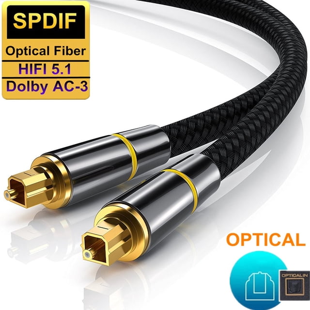 Fiber Optic Audio Cable Digital Optical Fiber Cable SPDIF Cable for TV Soundbar Cable Black 300cm. The cable features a black braided exterior with gold-plated connectors for enhanced durability and signal clarity. Designed for high-precision spotting fiber optic lens technology, it ensures clear and transparent sound quality while maintaining signal integrity. Suitable for multi-channel audio systems, DVD players, set-top boxes, and amplifiers, this 300cm cable is ideal for short-distance signal transmission using fiber optic digital terminals.