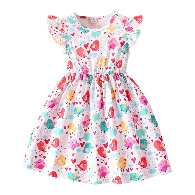 LUOGENLI Robe Fillette Tout-Petits Volants Sans Manches Imprimés Floraux Côtelée Robe Mode Vêtements Robe pour Filles Longueur Genou avec Poches Blanc 2-3 Ans