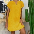 thumbnail image 1 of LOVZFMLL Mode Femmes Ample Col en V Été Uni Manches Courtes Robe en Coton et Lin Jaune m, 1 of 5