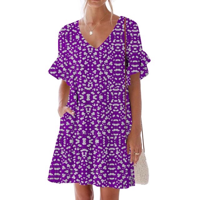 Liquidation d'Été 2025! Robe Grande Taille pour Femmes, Liquidation de Robe d'Été pour Femmes, Robe Décontractée d'Été pour Femmes Douce Mignonne Robe à Col en V avec Poches Imprimée Manches Courtes à Volants