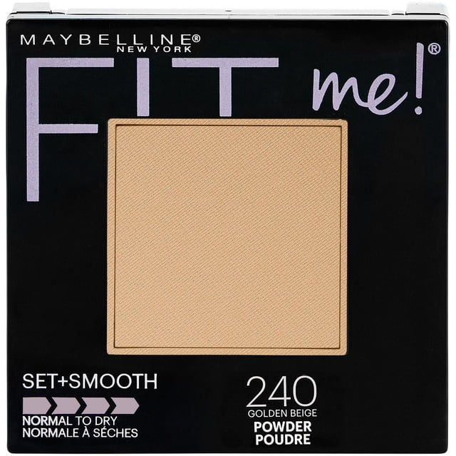 Maybelline New York Fit Me® Compact Foundation Powder in 240 Golden Beige, oil-free and lightweight powder that sets makeup and smoothes skin texture for normal to dry skin, in a black compact with lavender and white text.