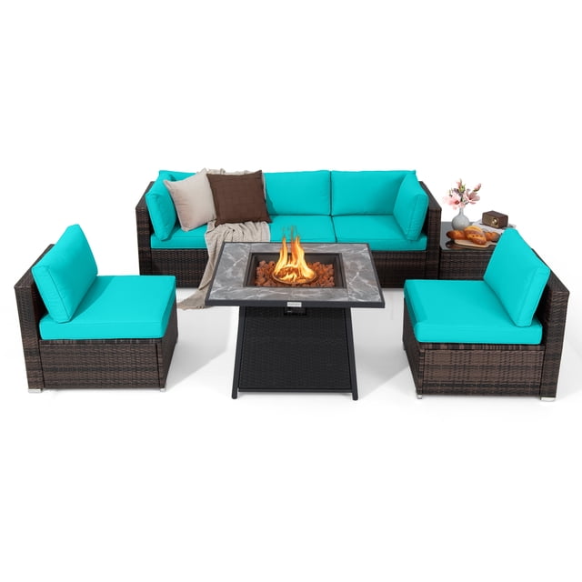 Gymax Set of 7 Patio Furniture Set w/ 35'' Propane Gas Fire Pit Table & Waterproof Cover Turquoise