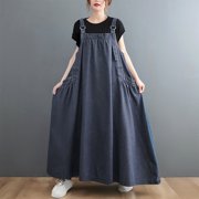 LOVZFMLL Dresses Women's Suspender Long Skirt Loose And Slim Denim Strap Skirt Large Hem Dress Sleeveless Square Neck Calf Dress