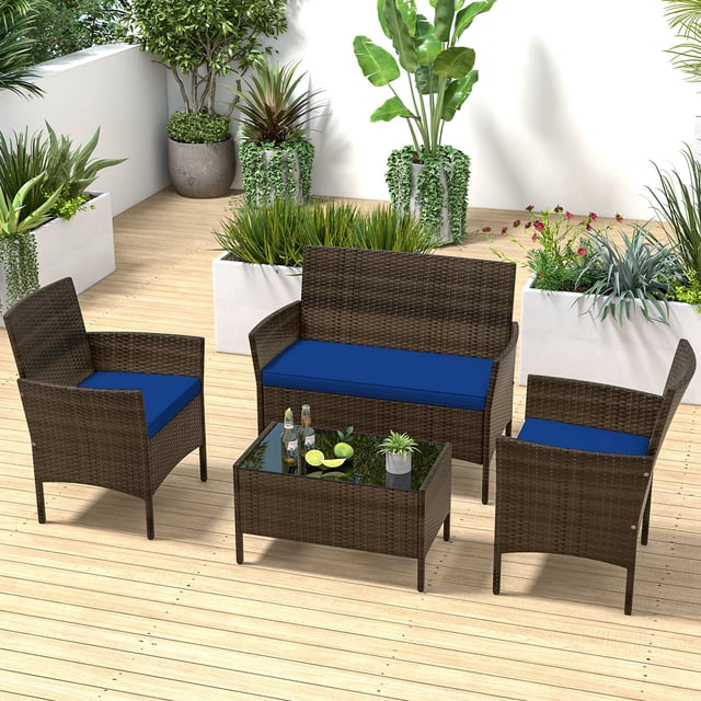 Costway 4 PCS Patio Furniture Set with Washable Cushions and Tempered Glass Coffee Table Navy