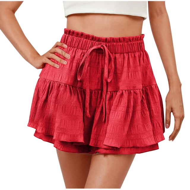 Besolor Shorts for Women Trendy Ruffled High Waisted Drawstring Casual Flowy Summer Beach Vacation Skirt Shorts