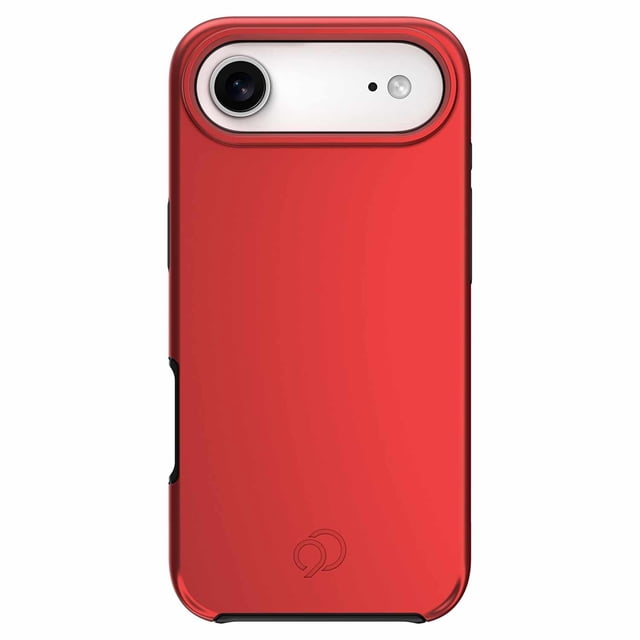 Nimbus9 Cirrus 3 MagSafe Case Crimson for iPhone Air shown from the back with a crimson red dual-layer TPU and PC shell, raised camera bezel, responsive button covers, and embossed Nimbus9 logo. Features 3D HEXA PATTERN shock absorption, RISEGUARD corner fins, MagSafe compatibility, and a soft-touch finish for durable iPhone Air protection.