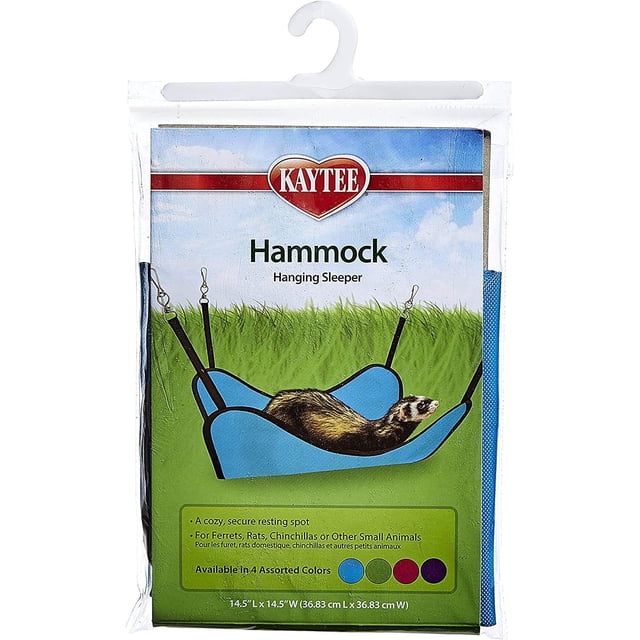 Kaytee Furet Simple Dormeur, Hamac Est un Dormeur Suspendu en polyester Bleu avec Bordure Noire, Conçu pour les Furets, les rats, les chinchillas et Autres Petits Animaux. Il Mesure 14,5 par 14,5 Pouces et Comprend Quatre Pinces Robustes pour une Fixation Sécurisée aux cages en Fil Métallique. Ce Hamac Lavable à la Machine Offre un Endroit de Repos Confortable et Est Offert en Couleurs Assorties, Convient Aussi aux Petits Temps de Jeu d'Animaux et aux Siestes.