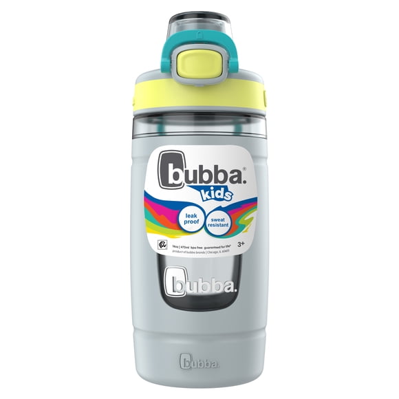 bubba Kids Flo Water Bottle, 16 oz (473 ml), Wide Mouth, Silicone Sleeve, Push Button Lid, Light Stone/Limelight/Scuba