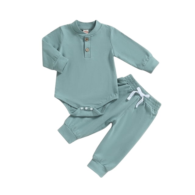 SUNSIOM Baby Boy 2 Piece Outfit Solid Color Button Long Sleeve Rompers and Elastic Pants Fall Clothes