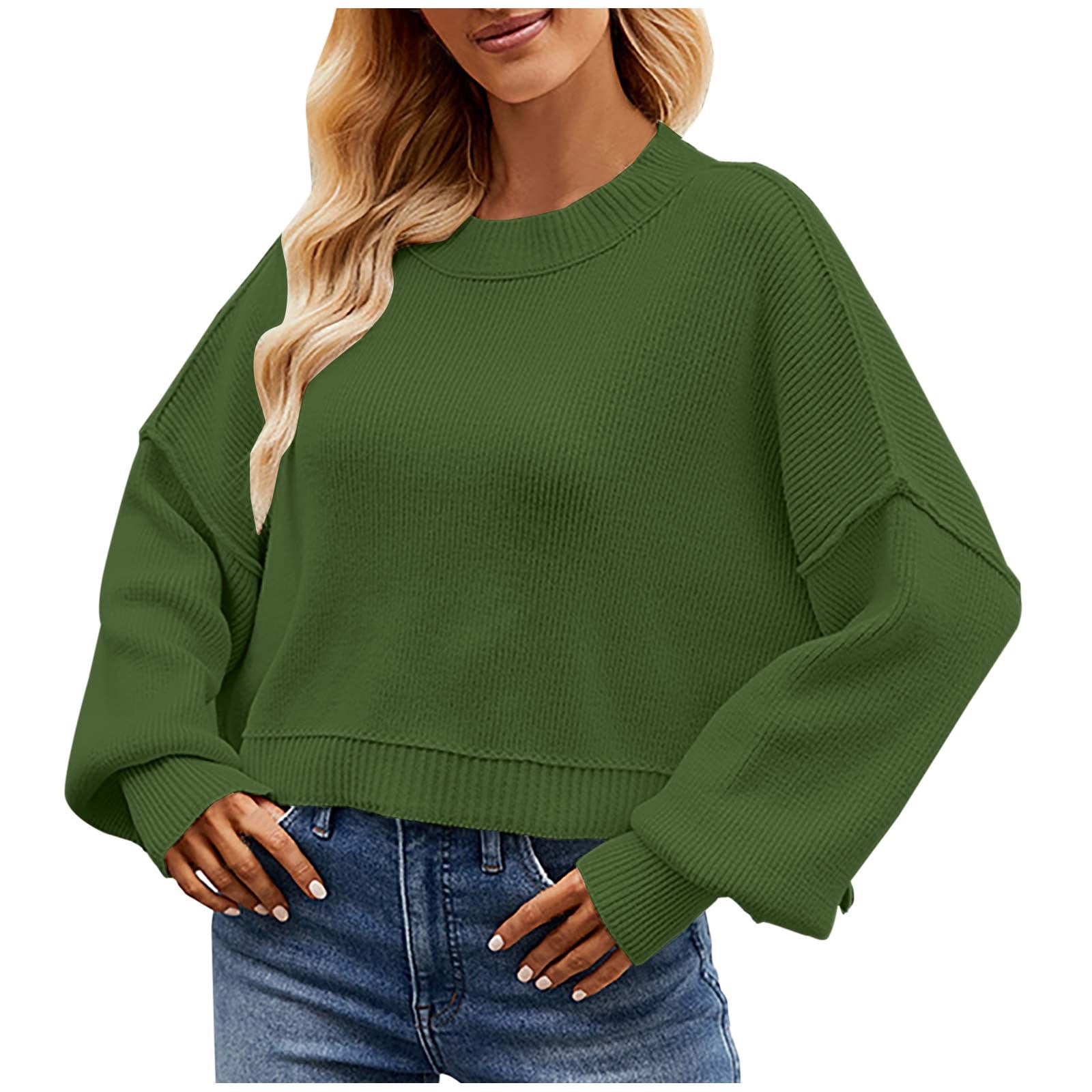 Timegard Chandails pour Femmes, Col Rond Court, Manches Longues, Épaules Tombantes, Chandail d'Automne Ample, Hauts Tricotés