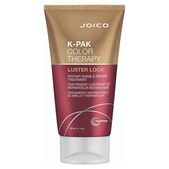 Joico K-Pak Color Therapy Luster Lock Instant Shine & Repair Treatment 5.1 Oz in a gold and burgundy tube designed for colored hair. This hair treatment enhances color vibrancy, repairs damage, and protects against heat styling and environmental stressors.