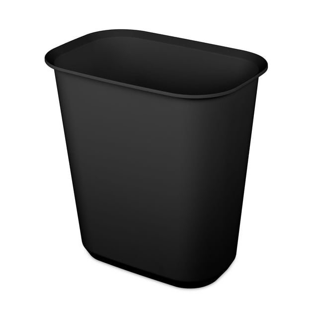 Sterilite 21 Liter Rectangular Wastebasket in black with a textured surface and sloped rim for easy handling, measuring 36.83 cm by 24.765 cm by 38.735 cm, designed for home or office use and fits an 8-gallon trash liner, also suitable for organizing recyclables.