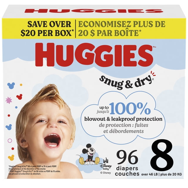 Huggies Snug & Dry Baby Diapers Size 8 (46+ lbs), 96 count box featuring Disney baby Mickey Mouse design, up to 100% leak and blowout protection, bilingual English and French text, and savings offer over $20 per box.