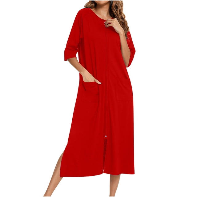 Zip Up Robe for Women Long Housecoat Soft Nightgown with Pockets