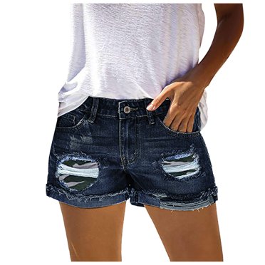 B91xZ Shorts Taille Haute pour Femmes Shorts Déchirés Taille Haute Coupés, Bleu L