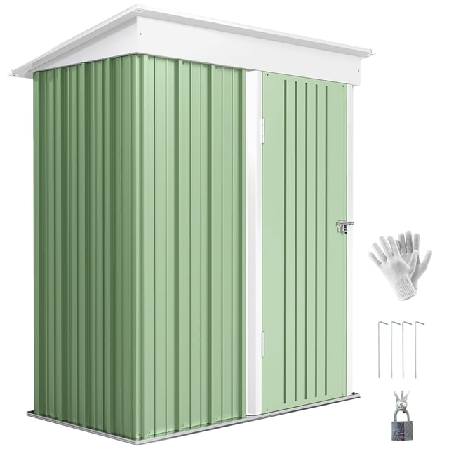 Outsunny Remise de Rangement Extérieure Petite 5 X 3 Pi avec Tablette Ajustable Verte, Conçue pour Ranger des Outils de Jardin et de l'Équipement d'Entretien de Pelouse. Présente une Conception Adossée avec un Toit Imperméable, une Porte Verrouillable et une construction en Métal durable. Comprend une Tablette Réglable à 2 Niveaux pour un Rangement flexible. des Gants de Protection et des Outils d'Assemblage Sont Exposés.