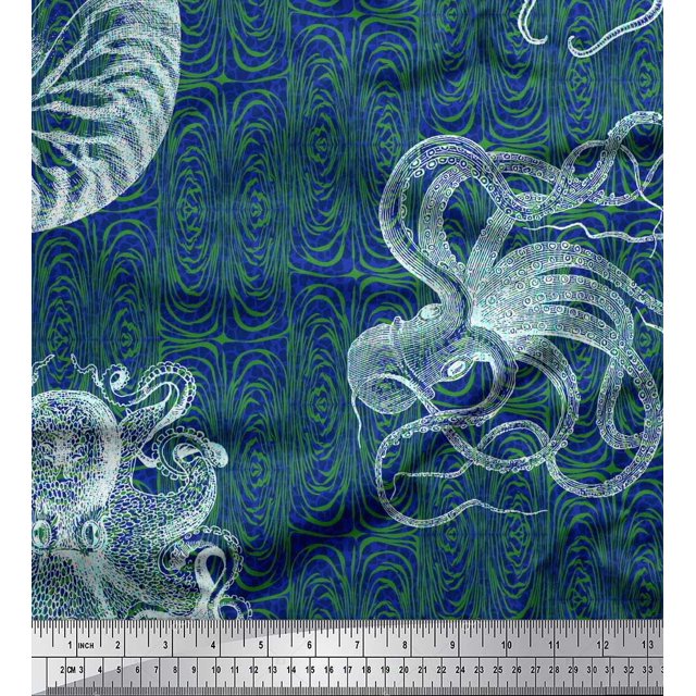 Soimoi Japan Crepe Satin Fabric Animal Skin,Shell & Octopus Ocean Print Fabric by Yard 42 Inch Wide
