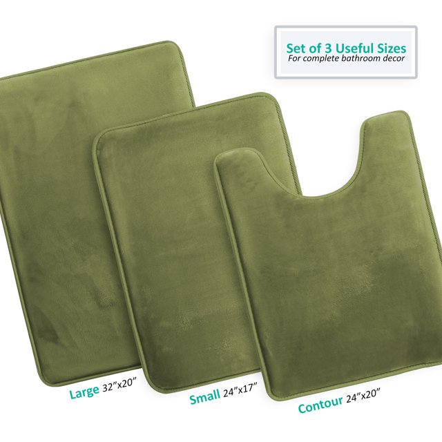 Set of 3 Clara Clark Bath Mat Bathroom Rug - Absorbent Memory Foam Bath Rugs - Non-Slip, Thick, Cozy Velvet Feel Microfiber Bathrug - Sage - Large 20"x32" - Small 17"x24" - Contour 24"x20"