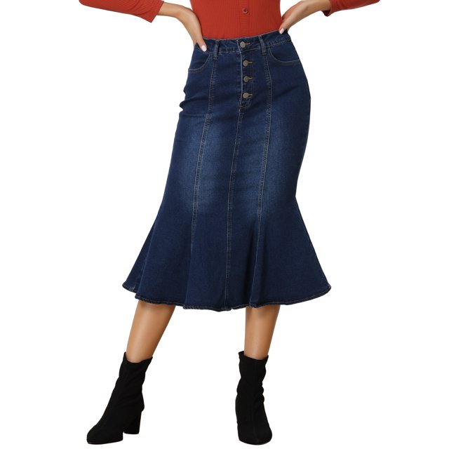 Unique Bargains Jupe Midi en Denim Délavée à Queue de Poisson pour Femme, Bleu Foncé, TP